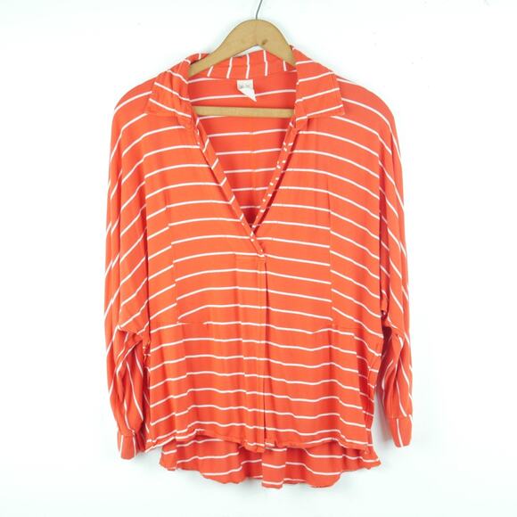 We The Free People S Top Oversized Red Stripe Collared Boyfriend Preppy Relaxed - Picture 1 of 10